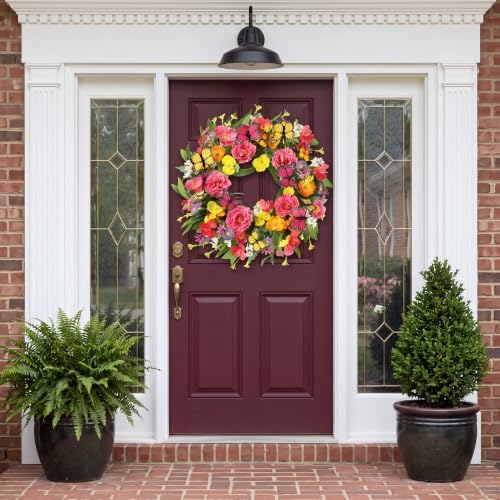 Spring Summer Wreath for Front Door 22 Inch Artificial Peony Wreath with Colorful Silk Wild Flowers Eucalyptus, alternate