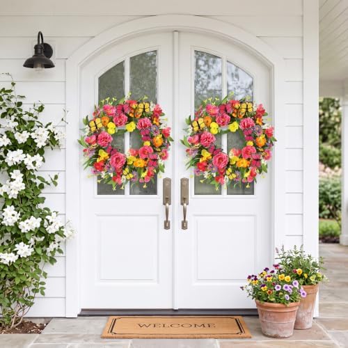 Spring Summer Wreath for Front Door 22 Inch Artificial Peony Wreath with Colorful Silk Wild Flowers Eucalyptus, alternate