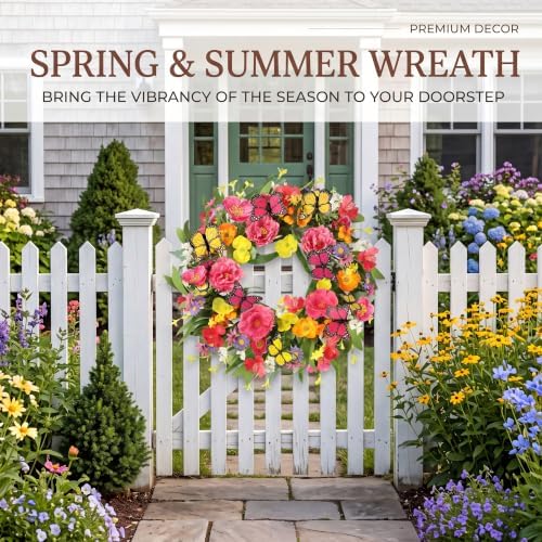 Spring Summer Wreath for Front Door 22 Inch Artificial Peony Wreath with Colorful Silk Wild Flowers Eucalyptus, alternate