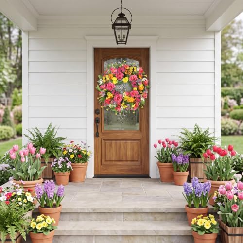 Spring Summer Wreath for Front Door 22 Inch Artificial Peony Wreath with Colorful Silk Wild Flowers Eucalyptus, alternate