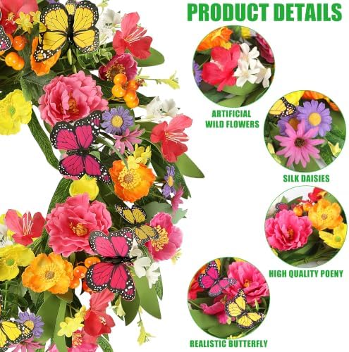 Spring Summer Wreath for Front Door 22 Inch Artificial Peony Wreath with Colorful Silk Wild Flowers Eucalyptus, alternate