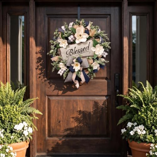 Spring Summer Wreath for Front Door, Farmhouse White Floral Porch Decor, alternate view 3