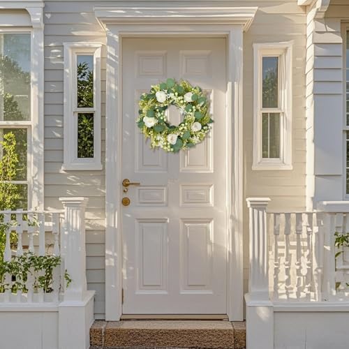 Spring Summer Wreaths for Front Door Artificial Rose Eucalyptus Berries Green Wreath Spring Summer Door Wreath, alternate
