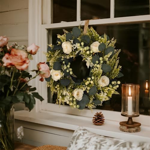 Spring Summer Wreaths for Front Door Artificial Rose Eucalyptus Berries Green Wreath Spring Summer Door Wreath, alternate