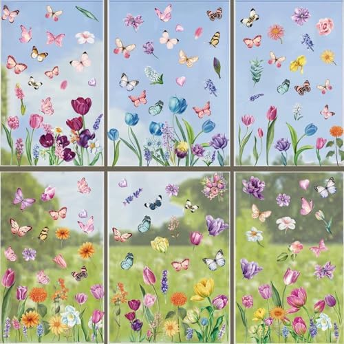 Spring Window Clings for Glass Windows Easter, 132pcs Flower Window Clings Butterfly Floral Decorations, 9