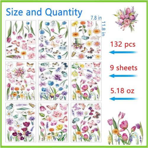 Spring Window Clings for Glass Windows Easter, 132pcs Flower Window Clings Butterfly Floral Decorations, 9, alternate view 2
