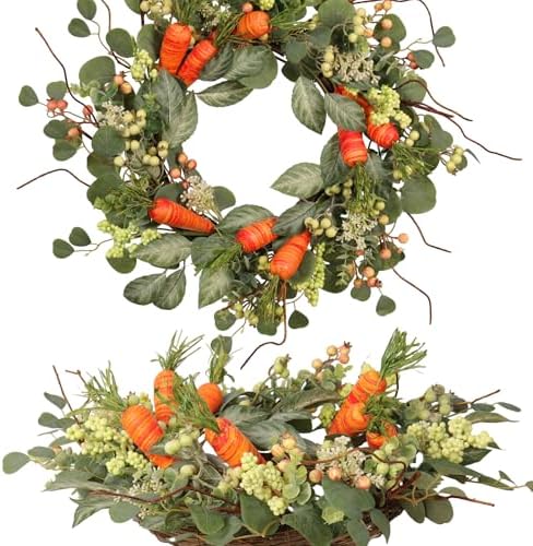 Spring Wreath Artificial Carrot Eucalyptus Wreath 22IN, Orange Green White, Spring Easter Summer Front Door Wall