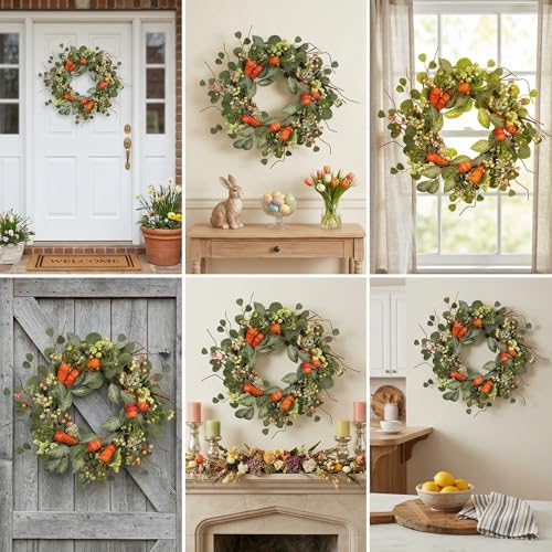 Spring Wreath Artificial Carrot Eucalyptus Wreath 22IN, Orange Green White, Spring Easter Summer Front Door Wall, alternate