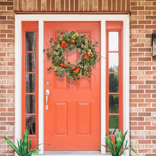 Spring Wreath Artificial Carrot Eucalyptus Wreath 22IN, Orange Green White, Spring Easter Summer Front Door Wall, alternate