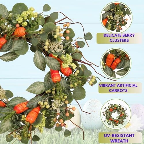 Spring Wreath Artificial Carrot Eucalyptus Wreath 22IN, Orange Green White, Spring Easter Summer Front Door Wall, alternate