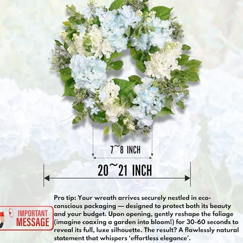 Spring Wreath Artificial Hydrangea Eucalyptus 20IN, Light Blue White Green, Spring Easter Summer Front Door Wall, alternate