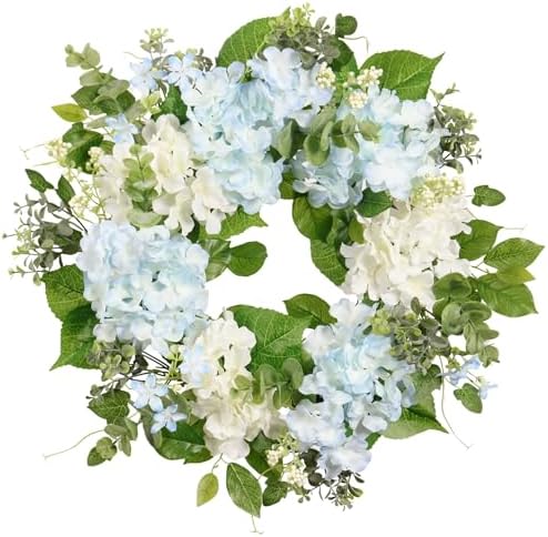 Spring Wreath Artificial Hydrangea Eucalyptus 20IN, Light Blue White Green, Spring Easter Summer Front Door Wall, alternate