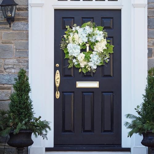 Spring Wreath Artificial Hydrangea Eucalyptus 20IN, Light Blue White Green, Spring Easter Summer Front Door Wall, alternate
