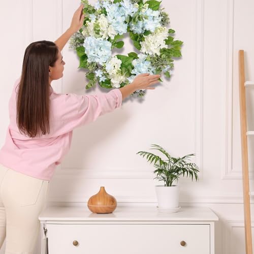 Spring Wreath Artificial Hydrangea Eucalyptus 20IN, Light Blue White Green, Spring Easter Summer Front Door Wall, alternate