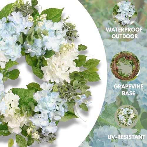 Spring Wreath Artificial Hydrangea Eucalyptus 20IN, Light Blue White Green, Spring Easter Summer Front Door Wall, alternate