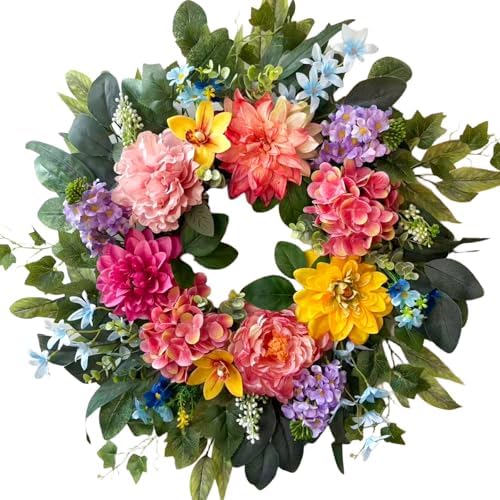 Spring Wreaths for Front Door, 24 Inch Spring Door Wreath with Yellow Dahlia, Pink Hydrangea Dahlia Peony Flower