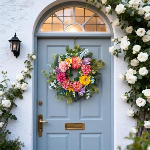 Spring Wreaths for Front Door, 24 Inch Spring Door Wreath with Yellow Dahlia, Pink Hydrangea Dahlia Peony Flower, alternate