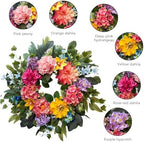 Spring Wreaths for Front Door, 24 Inch Spring Door Wreath with Yellow Dahlia, Pink Hydrangea Dahlia Peony Flower, alternate