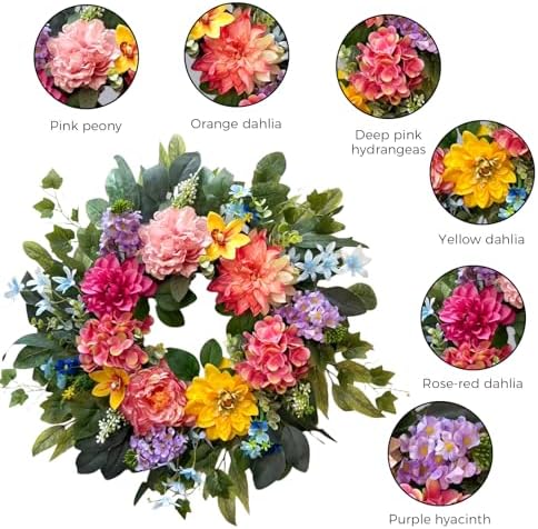 Spring Wreaths for Front Door, 24 Inch Spring Door Wreath with Yellow Dahlia, Pink Hydrangea Dahlia Peony Flower, alternate