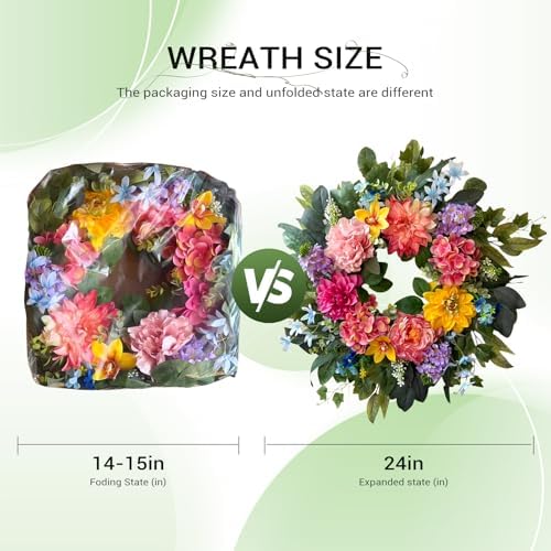 Spring Wreaths for Front Door, 24 Inch Spring Door Wreath with Yellow Dahlia, Pink Hydrangea Dahlia Peony Flower, alternate
