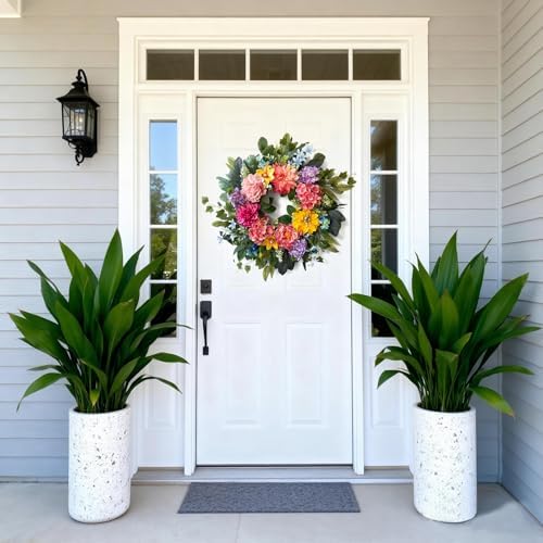 Spring Wreaths for Front Door, 24 Inch Spring Door Wreath with Yellow Dahlia, Pink Hydrangea Dahlia Peony Flower, alternate