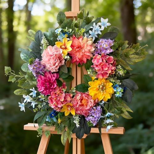 Spring Wreaths for Front Door, 24 Inch Spring Door Wreath with Yellow Dahlia, Pink Hydrangea Dahlia Peony Flower, alternate