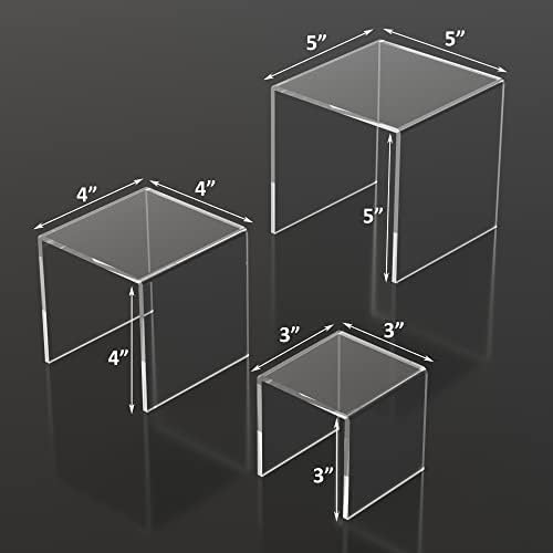 Square Acrylic Display Risers 3pcs, Clear Showcase Shelves for Collectibles, Funko Pop Figures, Perfumes, alternate view 3