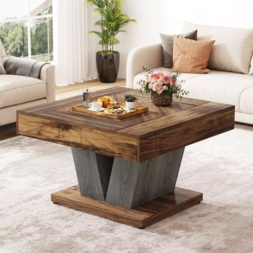 Square Coffee Table, Wood Center Table for Living Room, 31.5" Modern Cocktail Tea Accent Table, Rustic Brown &