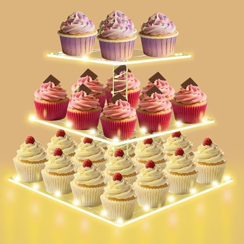 Square Cupcake Stand with Yellow Lights, 3 Tier Dessert Display Stands