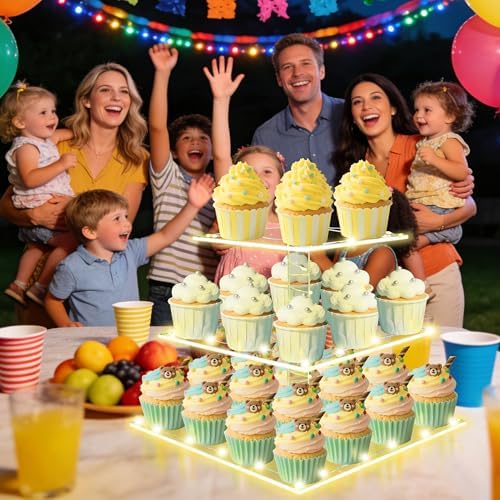 Square Cupcake Stand with Yellow Lights, 3 Tier Dessert Display Stands, alternate view 2