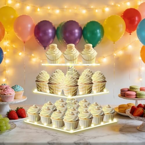 Square Cupcake Stand with Yellow Lights, 3 Tier Dessert Display Stands, alternate view 3
