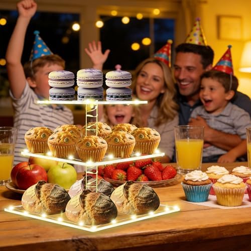 Square Cupcake Stand with Yellow Lights, 3 Tier Dessert Display Stands, alternate view 4