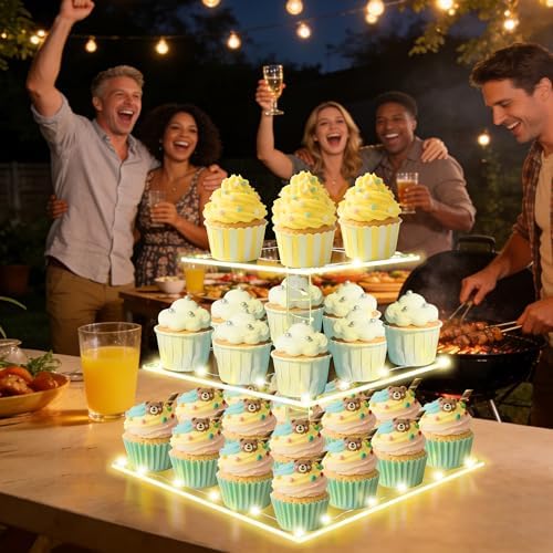 Square Cupcake Stand with Yellow Lights, 3 Tier Dessert Display Stands, alternate view 5