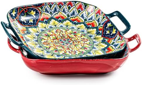Square Pasta Bowls with Handle, Boho Salad Serving Bowls Set of 2, Ceramic 7.09" Pasta Plates for Housewarming