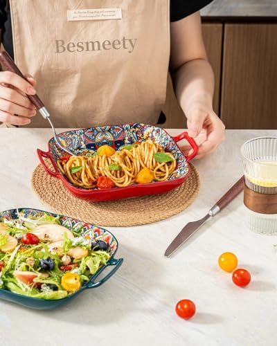 Square Pasta Bowls with Handle, Boho Salad Serving Bowls Set of 2, Ceramic 7.09" Pasta Plates for Housewarming, alternate