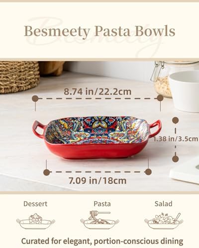 Square Pasta Bowls with Handle, Boho Salad Serving Bowls Set of 2, Ceramic 7.09" Pasta Plates for Housewarming, alternate