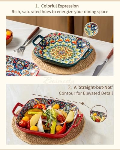 Square Pasta Bowls with Handle, Boho Salad Serving Bowls Set of 2, Ceramic 7.09" Pasta Plates for Housewarming, alternate