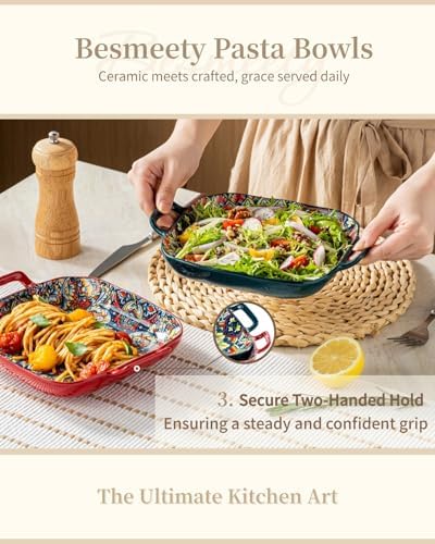 Square Pasta Bowls with Handle, Boho Salad Serving Bowls Set of 2, Ceramic 7.09" Pasta Plates for Housewarming, alternate
