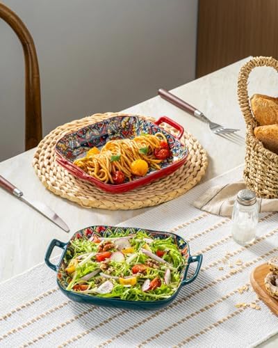 Square Pasta Bowls with Handle, Boho Salad Serving Bowls Set of 2, Ceramic 7.09" Pasta Plates for Housewarming, alternate