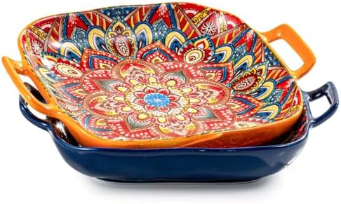 Square Pasta Bowls with Handle, Boho Salad Serving Bowls Set of 2, Ceramic 7.09" Pasta Plates for Housewarming