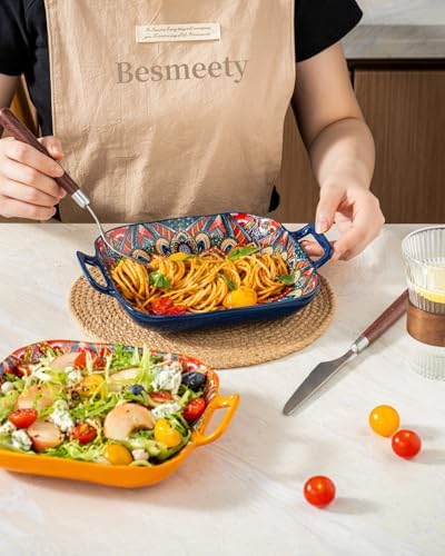 Square Pasta Bowls with Handle, Boho Salad Serving Bowls Set of 2, Ceramic 7.09" Pasta Plates for Housewarming, alternate