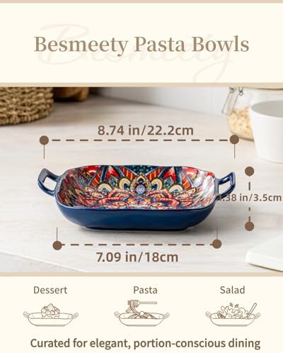 Square Pasta Bowls with Handle, Boho Salad Serving Bowls Set of 2, Ceramic 7.09" Pasta Plates for Housewarming, alternate