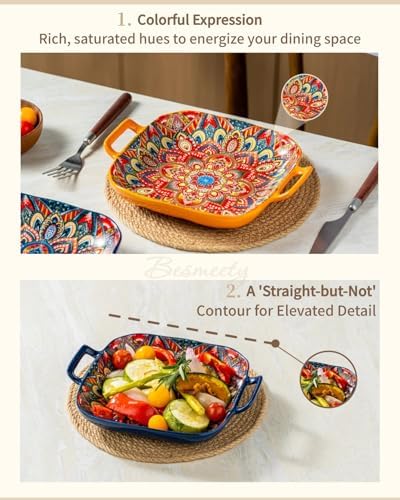 Square Pasta Bowls with Handle, Boho Salad Serving Bowls Set of 2, Ceramic 7.09" Pasta Plates for Housewarming, alternate
