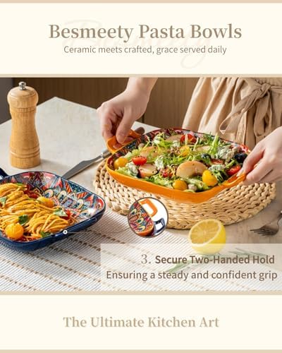 Square Pasta Bowls with Handle, Boho Salad Serving Bowls Set of 2, Ceramic 7.09" Pasta Plates for Housewarming, alternate