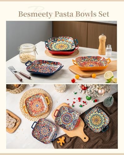 Square Pasta Bowls with Handle, Boho Salad Serving Bowls Set of 2, Ceramic 7.09" Pasta Plates for Housewarming, alternate