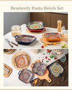 Square Pasta Bowls with Handle, Boho Salad Serving Bowls Set of 2, Ceramic 7.09" Pasta Plates for Housewarming, alternate