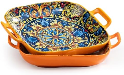 Square Pasta Bowls with Handle, Boho Salad Serving Bowls Set of 2, Ceramic 7.09" Pasta Plates for Housewarming