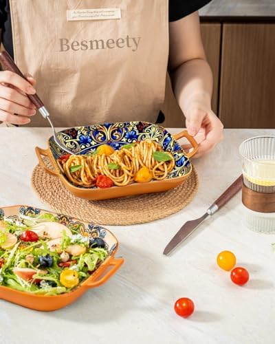 Square Pasta Bowls with Handle, Boho Salad Serving Bowls Set of 2, Ceramic 7.09" Pasta Plates for Housewarming, alternate