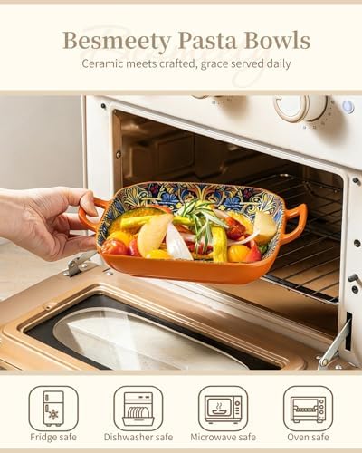 Square Pasta Bowls with Handle, Boho Salad Serving Bowls Set of 2, Ceramic 7.09" Pasta Plates for Housewarming, alternate
