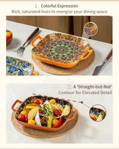 Square Pasta Bowls with Handle, Boho Salad Serving Bowls Set of 2, Ceramic 7.09" Pasta Plates for Housewarming, alternate